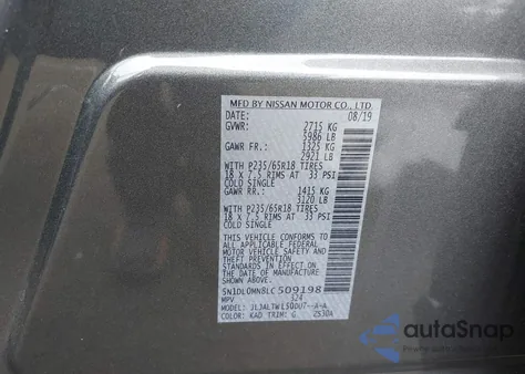 2020 Infiniti Qx60 Luxe z USA, uszkodzony, nr VIN 5N1DL0MN8LC509198